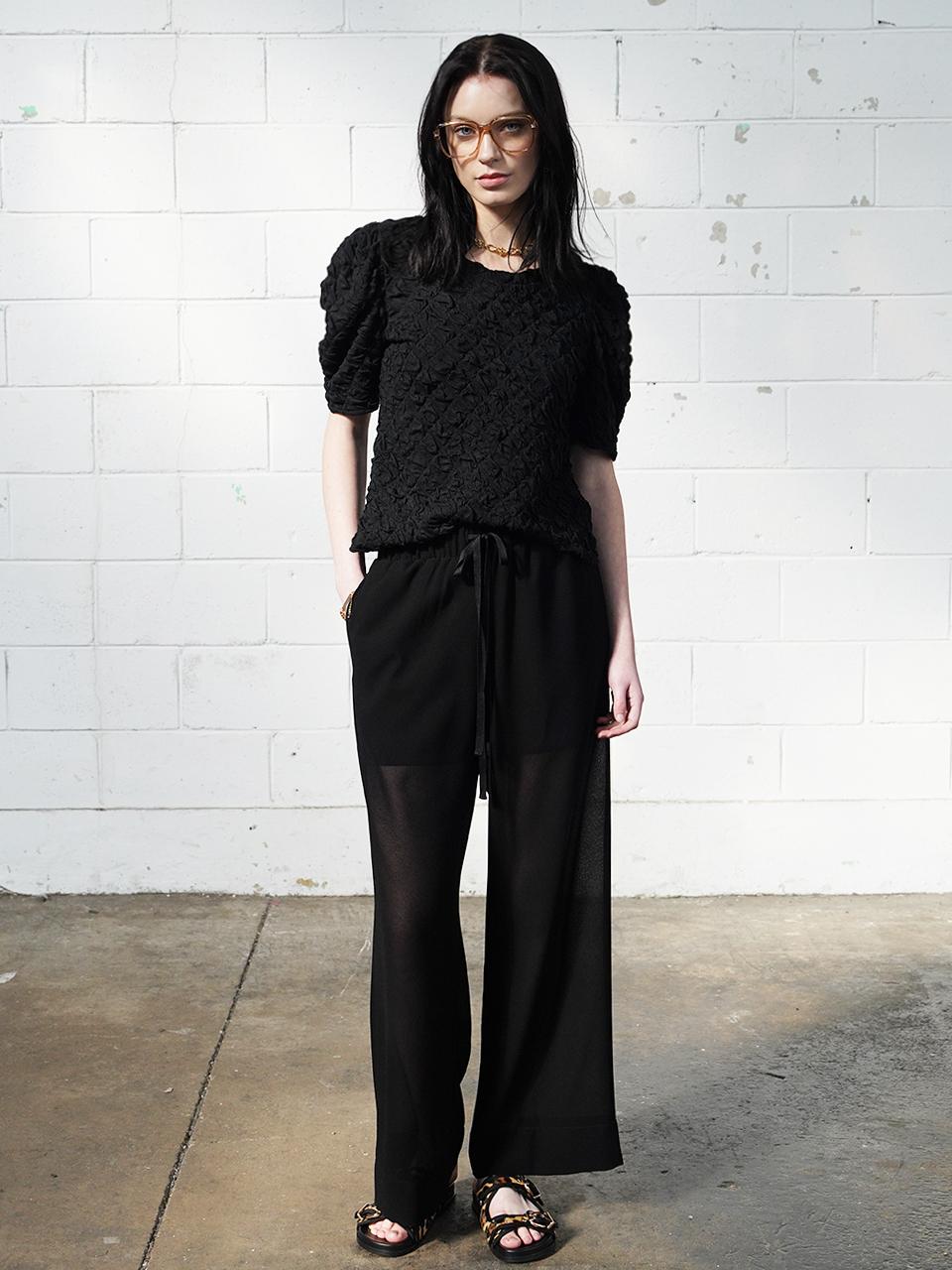 MUSE BY ROSE See-through Wide-leg Elastic Waist Pants [BLACK]