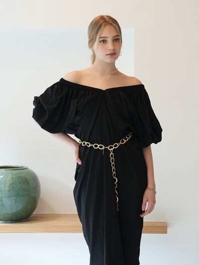 MUSE BY ROSE Shirring Drape Midi Dress (Black)