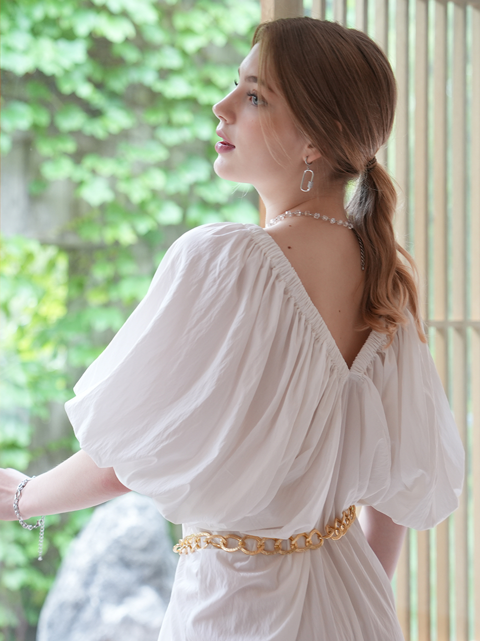 MUSE BY ROSE Shirring Drape Midi Dress (White)