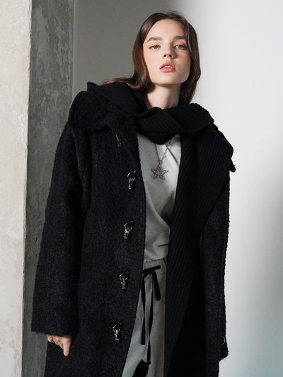 MUSE BY ROSE Soft Wool Blend Clasp Mohair Coat [Black]