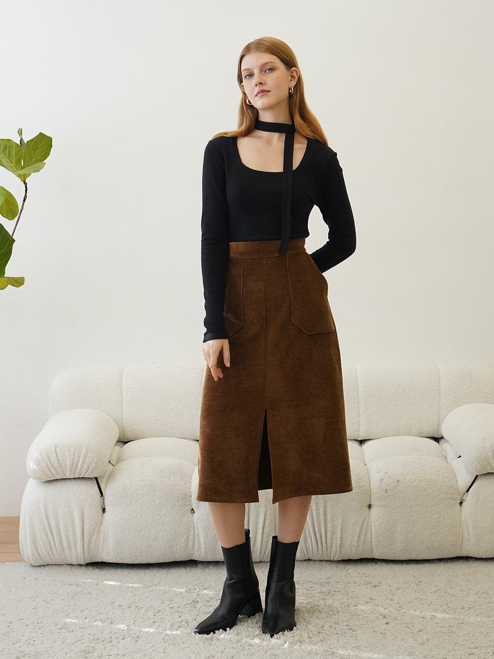 MUSE BY ROSE Velvet Semi A-line Twill Skirt [BROWN]