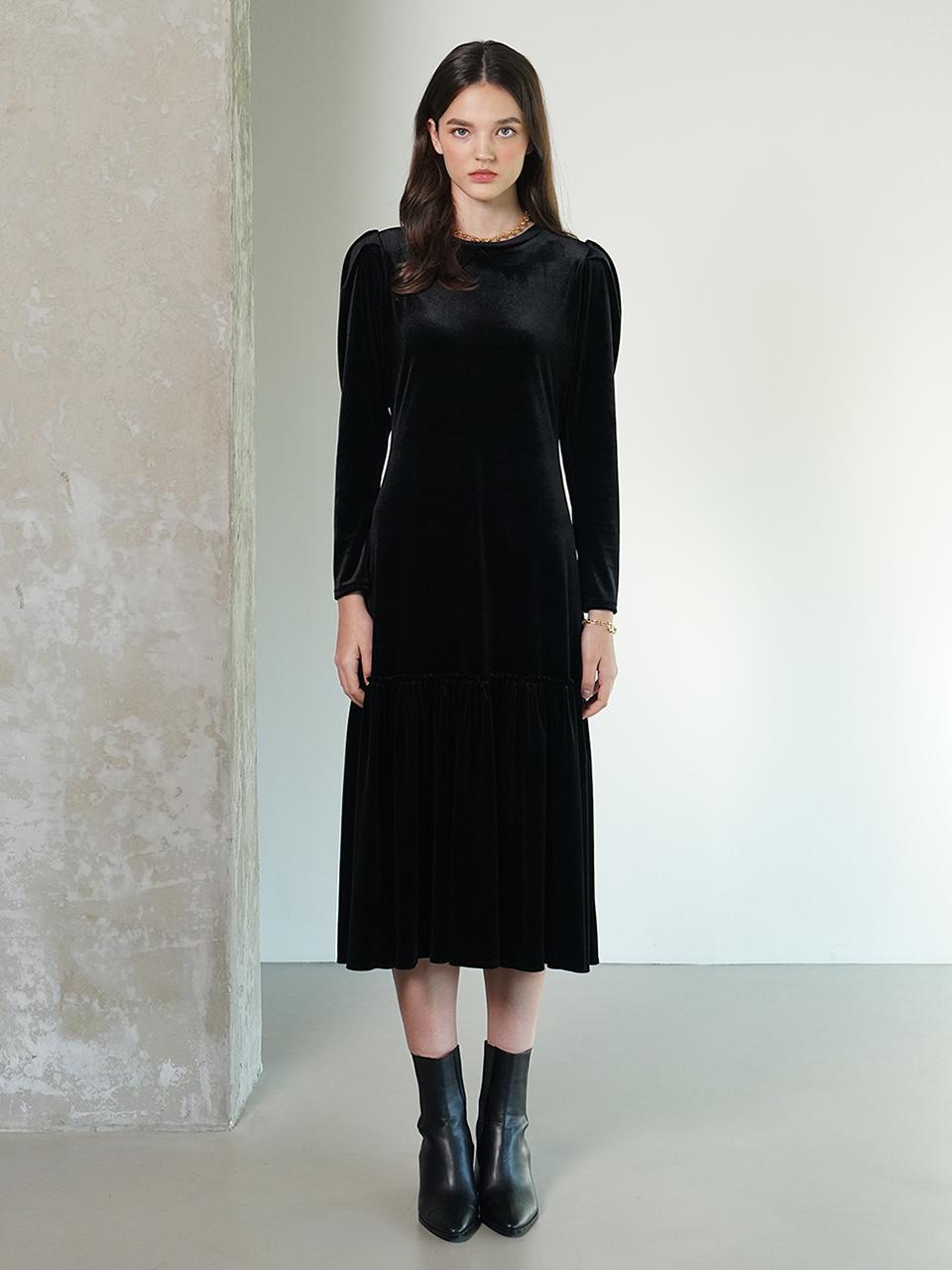 MUSE BY ROSE Velvet Shirring Loose Fit Dress [BLACK]