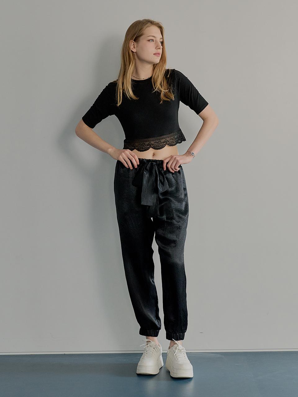 MUSE BY ROSE Vintage Satin Oversized Track Pants [BLACK]