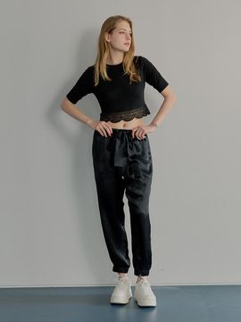 MUSE BY ROSE Vintage Satin Oversized Track Pants [BLACK]