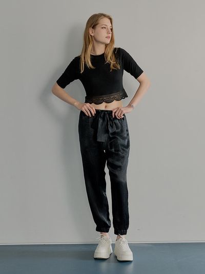 MUSE BY ROSE Vintage Satin Oversized Track Pants [BLACK]