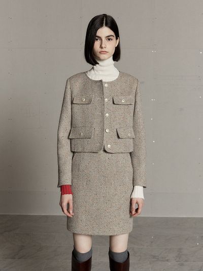 MUSEE Crop Wool Tweed Jacekt_Beige