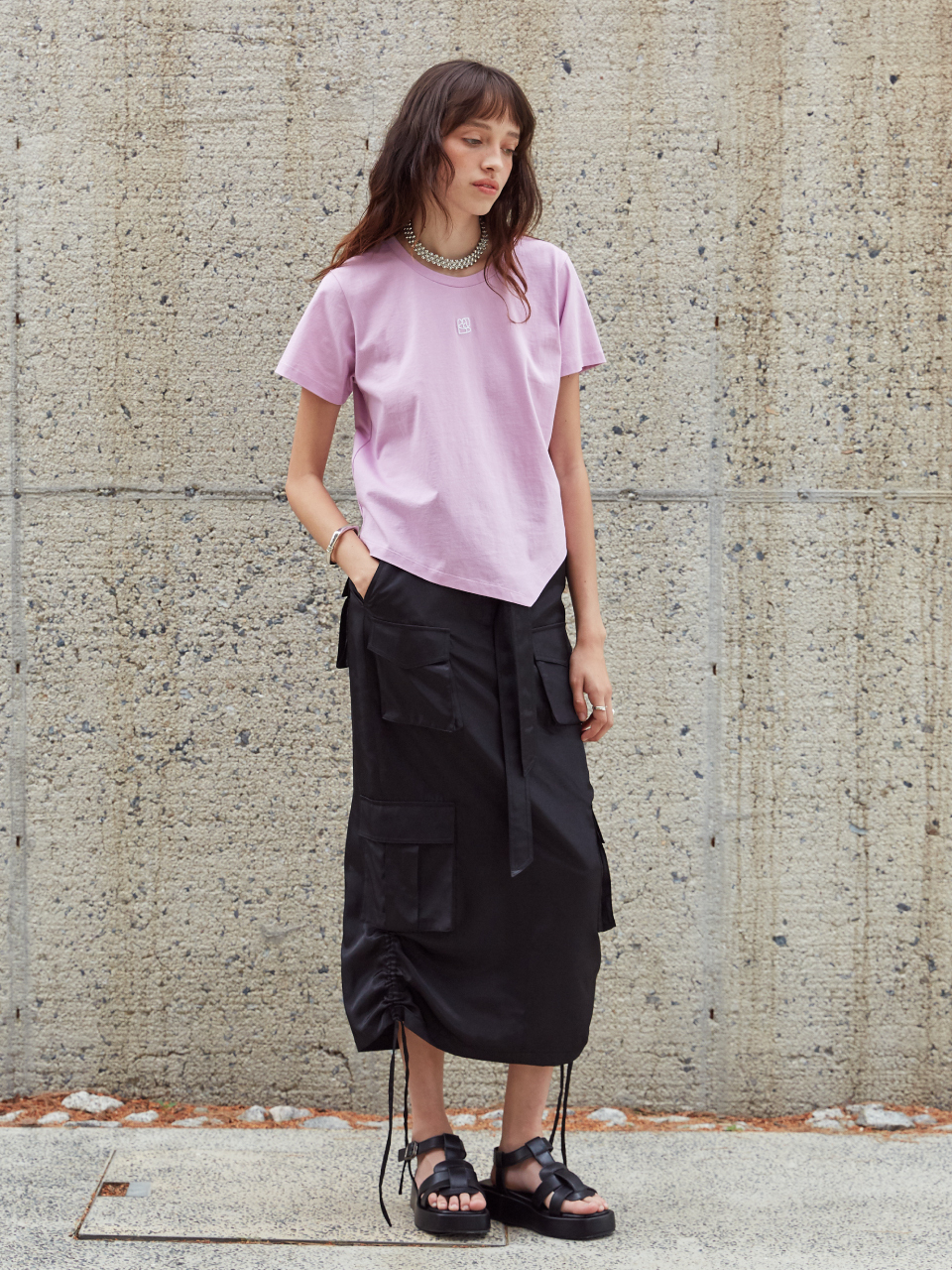 MUSEE LILY Side String Belted Satin Cargo Long Skirt