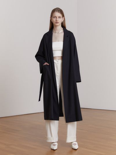 MUSEE RIVE Oversized Wool Trench Coat_Royal Navy