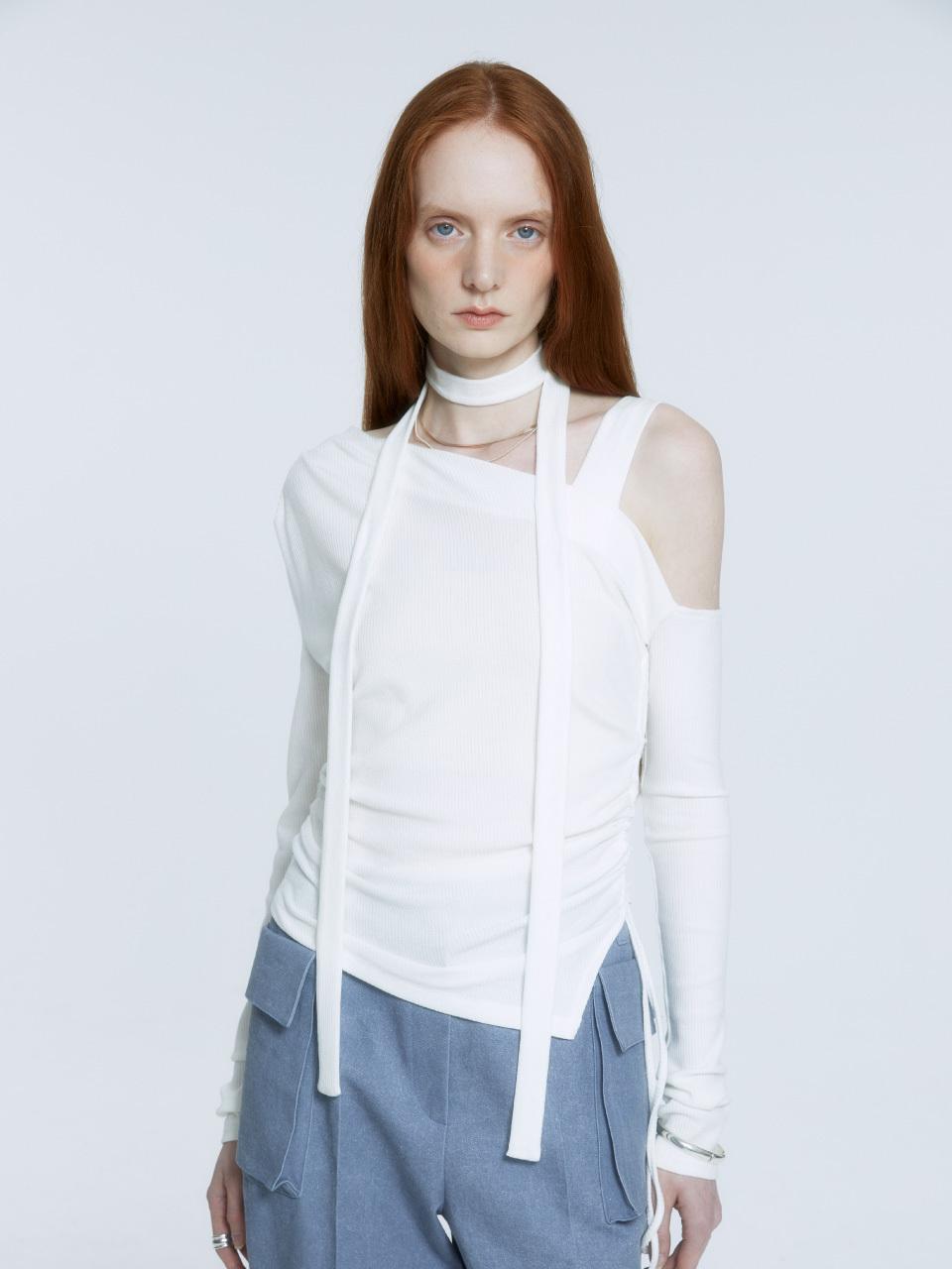 MUSEE SEVRES Asymmetric Cut-out Off-shoulder Knitted Top