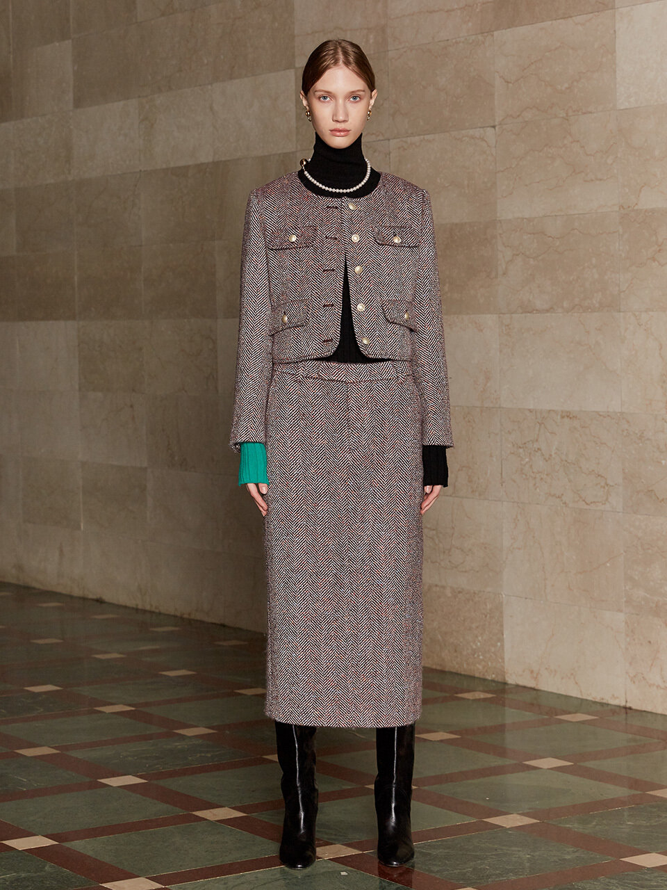 MUSEE SOPHIA Tweed Wool Long Skirt_Burgundy