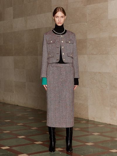MUSEE SOPHIA Tweed Wool Long Skirt_Burgundy