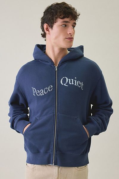 Museum of Peace & Quiet Museum Of Peace & Quiet Stencil Graphic Zip-Up Hoodie Sweatshirt in Navy, Men's at Urban Outfitters