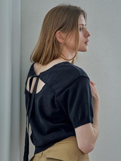 mutual Back hole ribbon knit Navy