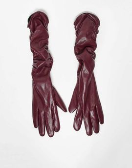 My Accessories My Accessories faux leather long ruched gloves in burgundy-Red