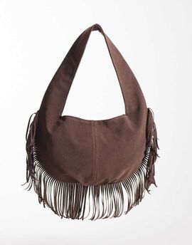 My Accessories My Accessories faux suede fringed shoulder bag with round base in dark brown
