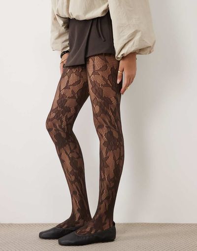 My Accessories My Accessories floral lace tights in brown