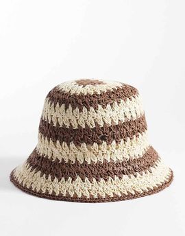 My Accessories My Accessories woven straw striped bucket hat in brown & cream