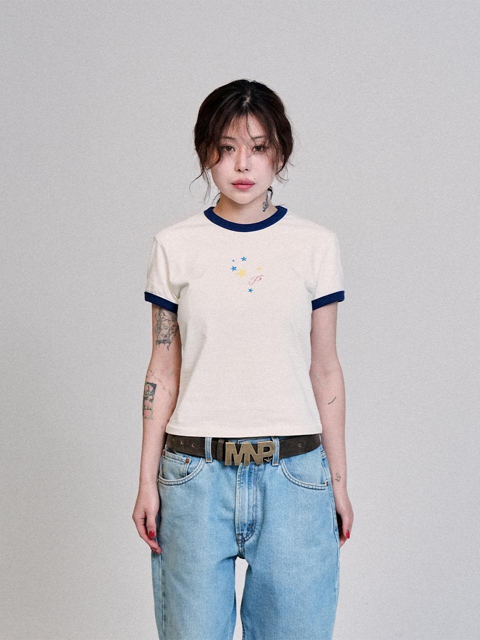 MY NAME IS PETER Women's Star Flag Ringer T-Shirts [Blue]