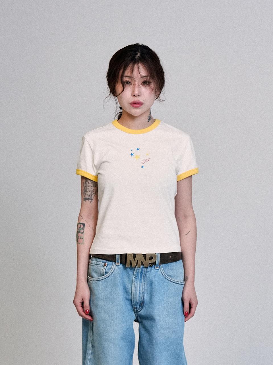 MY NAME IS PETER Women's Star Flag Ringer T-Shirts [yellow]