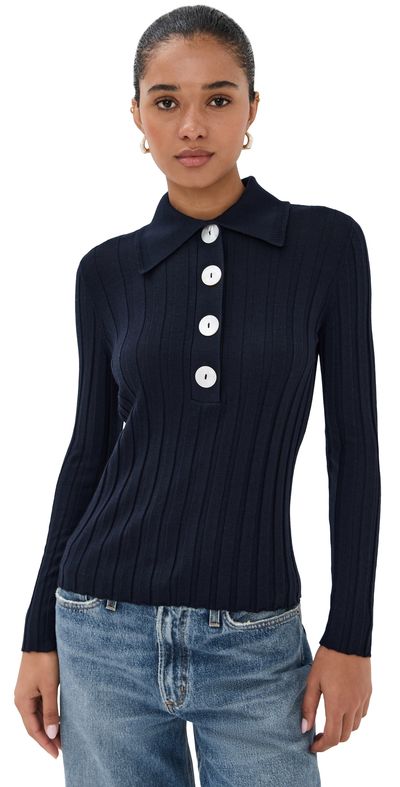 Nackiye Nackiye Sugarman Knit Long Sleeve Polo Navy
