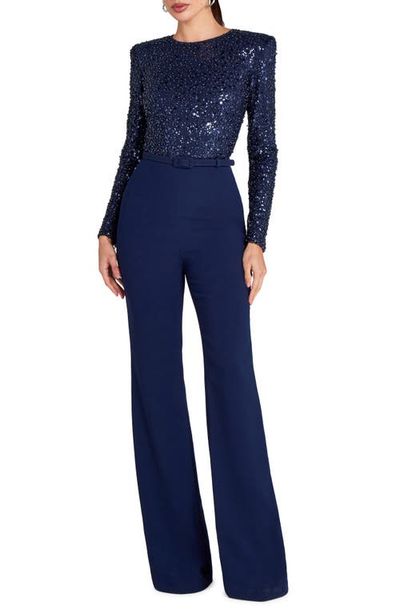 NADINE MERABI NADINE MERABI Misha Belted Long Sleeve Flare Jumpsuit