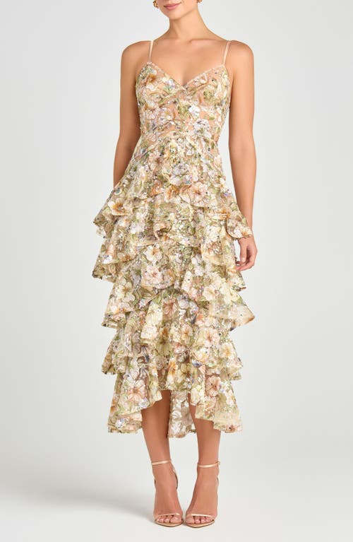 NADINE MERABI NADINE MERABI Saffron Beaded Floral Tiered Cocktail Midi Dress