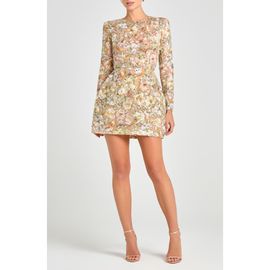 NADINE MERABI NADINE MERABI Sienna Beaded Floral Embroidery Long Sleeve Cocktail Minidress