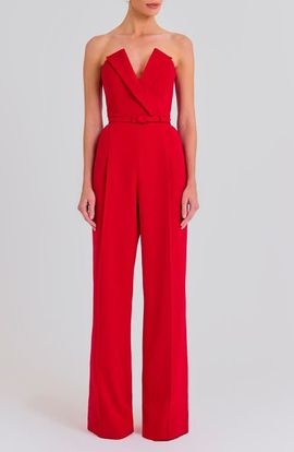 NADINE MERABI NADINE MERABI Tuxedo Belted Strapless Wide Leg Jumpsuit