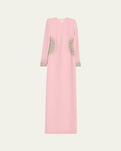 Naeem Khan Crystal Crepe Long-Sleeve Strong-Shoulder Gown
