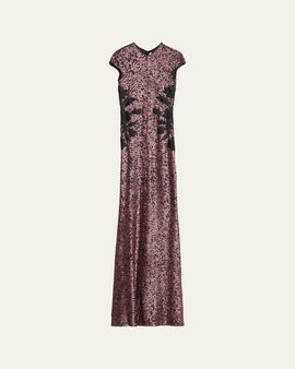 Naeem Khan Floral Applique Short-Sleeved Sequin Gown