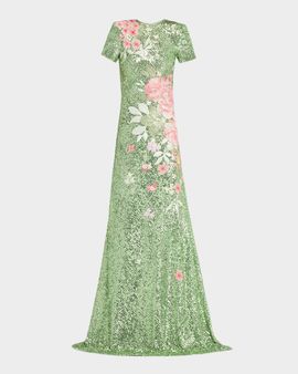 Naeem Khan Floral Embroidered Short-Sleeve Sequined Gown