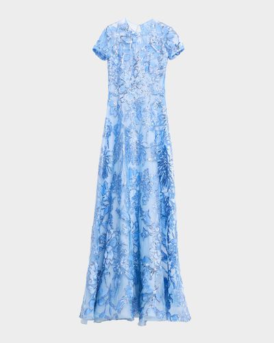 Naeem Khan Illusion Neckline Metallic Floral Embroidered Gown