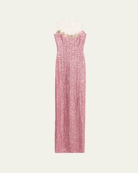 Naeem Khan Illusion Yoke Sequined Floral Applique Sleeveless Gown