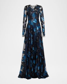 Naeem Khan Long-Sleeve Sequin Floral Embroidered Gown