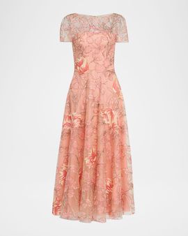 Naeem Khan Metallic Floral Embroidered Short-Sleeve Illusion Midi Dress
