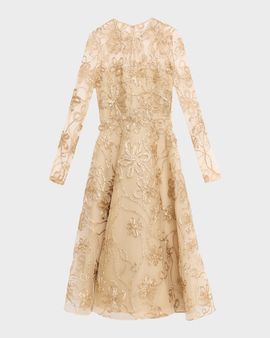 Naeem Khan Metallic Raffia Embroidered Long-Sleeve Illusion Midi Dress