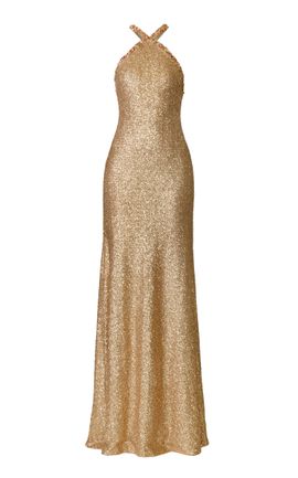 Naeem Khan Naeem Khan Halter Stretch Sequin Gown With Crystal Trim