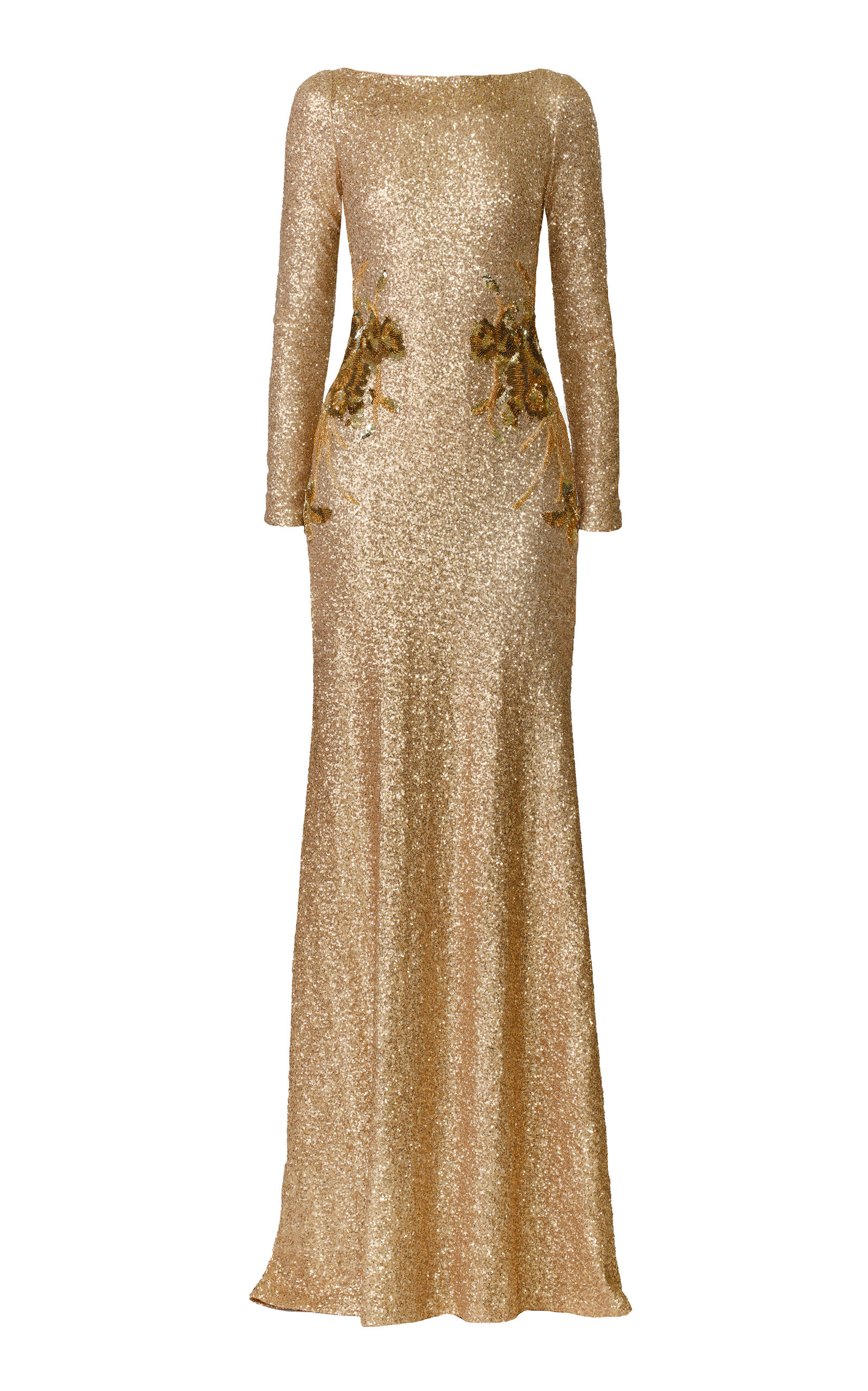 Naeem Khan Naeem Khan Long Sleeve Boatneck Stretch Sequin Gown With HandBeaded Applique