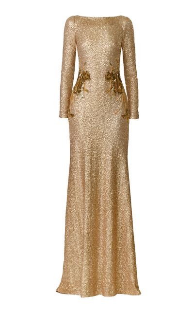 Naeem Khan Naeem Khan Long Sleeve Boatneck Stretch Sequin Gown With HandBeaded Applique
