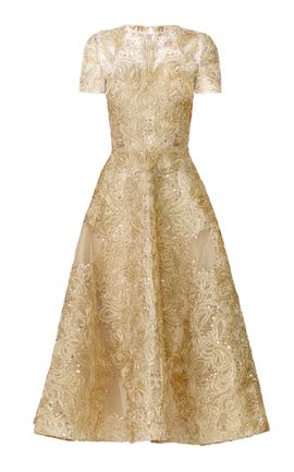 Naeem Khan Naeem Khan Metallic Raffia Cap Sleeve Cocktail Dress