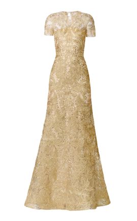 Naeem Khan Naeem Khan Metallic Raffia Cap Sleeve FitAndFlare Gown