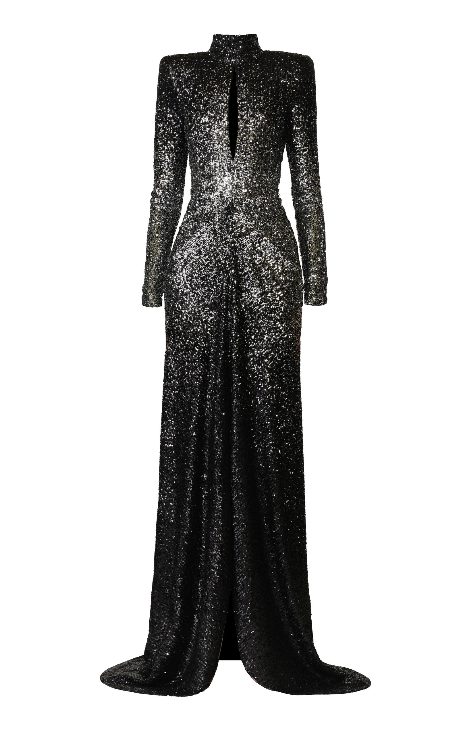 Naeem Khan Naeem Khan Ombre Draped Mock Neck Stretch Sequin Gown With Front Slit