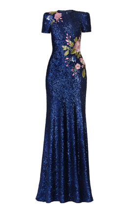Naeem Khan Naeem Khan Stretch Sequin Cap Sleeve Gown With Floral Applique