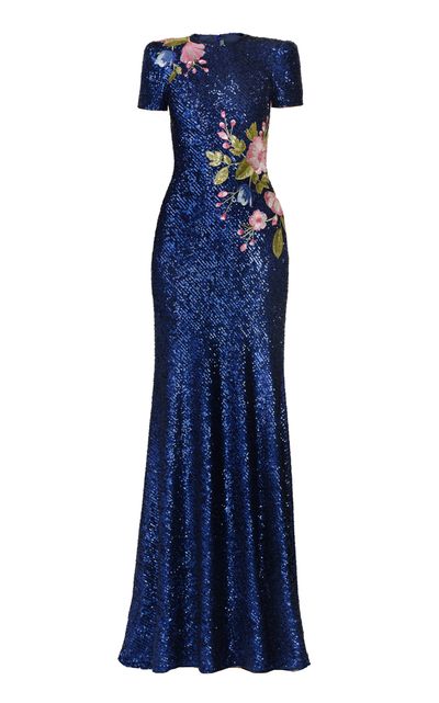 Naeem Khan Naeem Khan Stretch Sequin Cap Sleeve Gown With Floral Applique