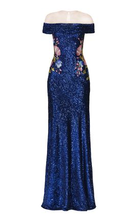 Naeem Khan Naeem Khan Stretch Sequin OffShoulder Illusion Neckline Gown With Floral Applique