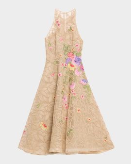 Naeem Khan Raffia Floral Embroidered Sleeveless Midi Dress