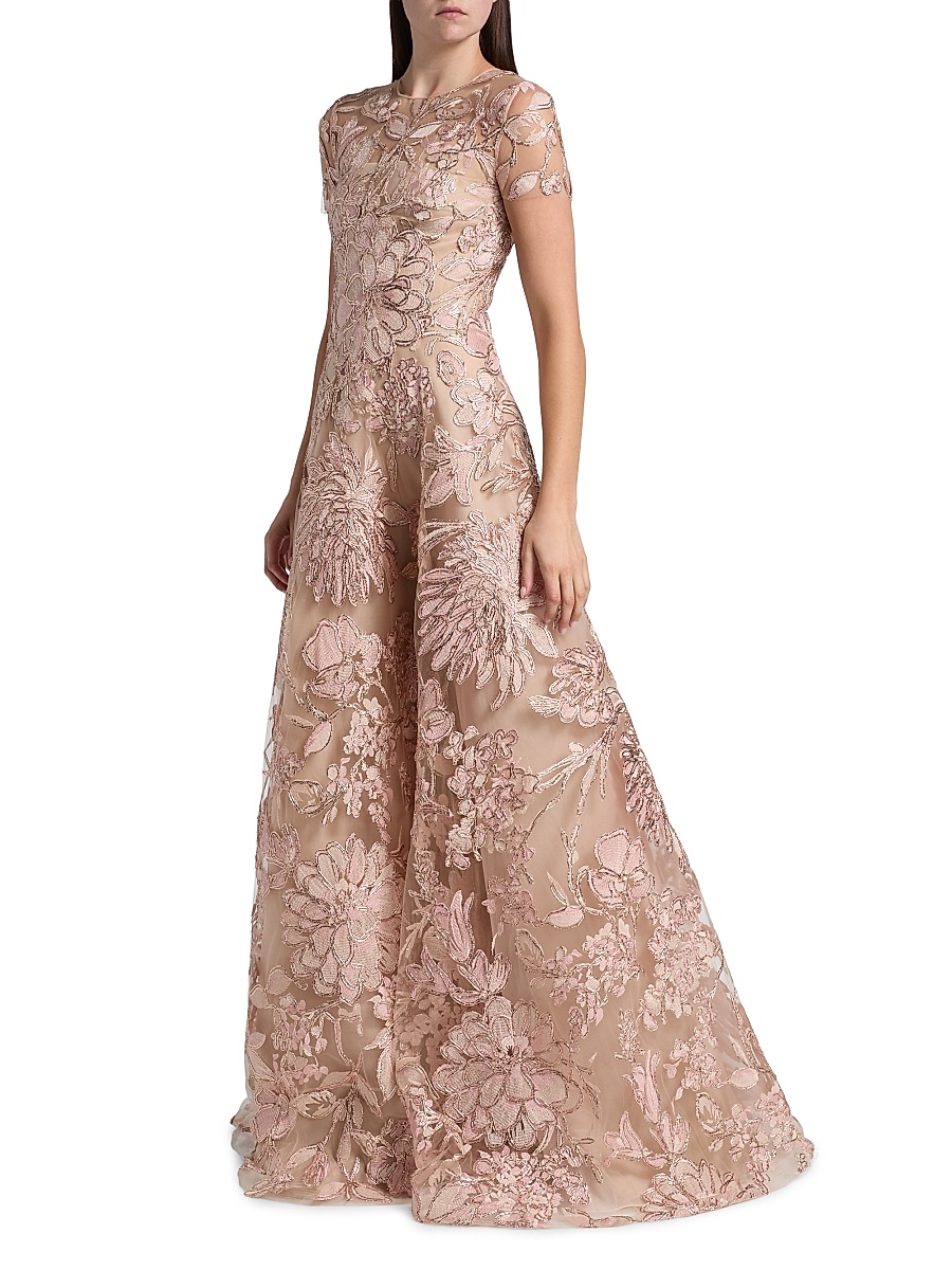 Naeem Khan - Women's Floral-Embroidered Short-Sleeve Gown