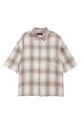NAHMIAS NAHMIAS Oversize Floral Embroidered Plaid Short Sleeve Cotton Flannel Button-Up Shirt
