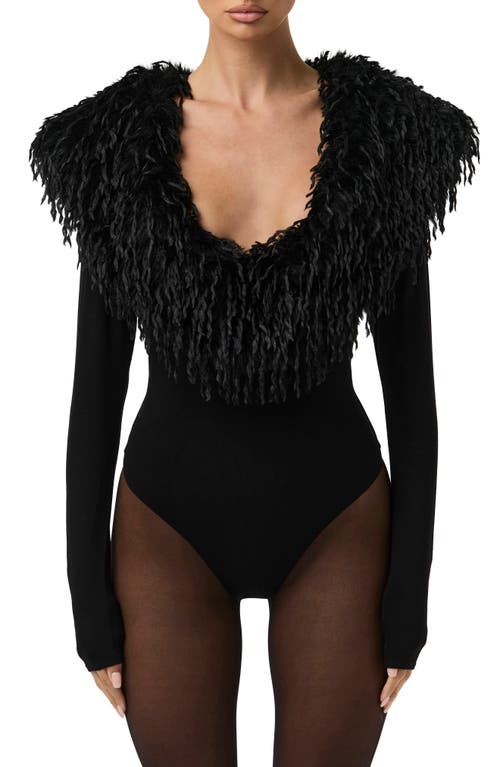 Naked Wardrobe Naked Wardrobe Butter Long Sleeve Bodysuit with Feather Collar