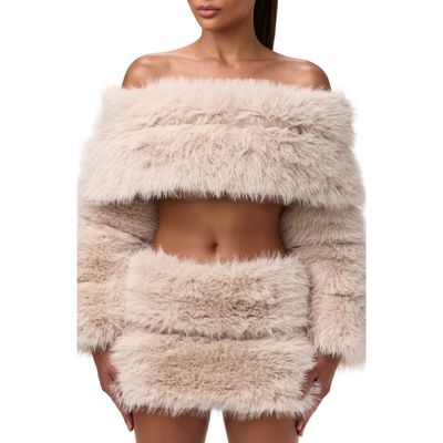 Naked Wardrobe Naked Wardrobe Faux Fur Off the Shoulder Long Sleeve Crop Top